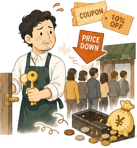 大きな鍵を手にした店主と、クーポンや値下げで集まる行列、硬貨だけが残った空のレジのイラスト