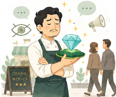 こだわりの逸品を大切に抱える店主と、その魅力に気づかず通り過ぎていくお客様のイラスト