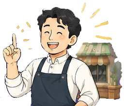 方向性が定まり前向きな表情で指を立てる店主のイラスト