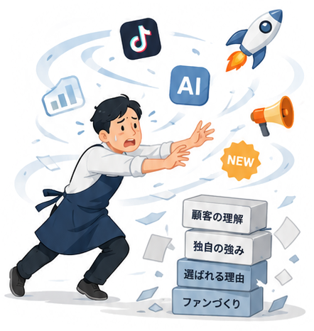 流行りの施策に振り回される店主と、崩れかけた「顧客の理解・独自の強み・選ばれる理由・ファンづくり」の積み木のイラスト
